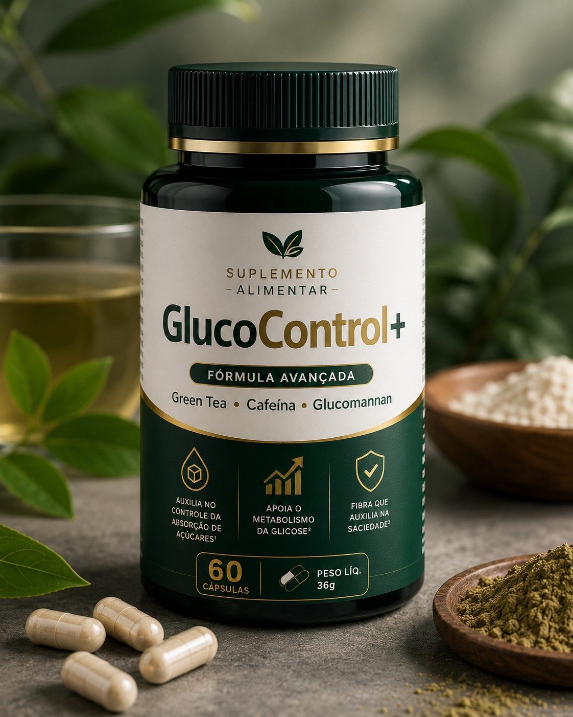 Pote de GlucoControl+ em um cenário com folhas e ingredientes naturais
